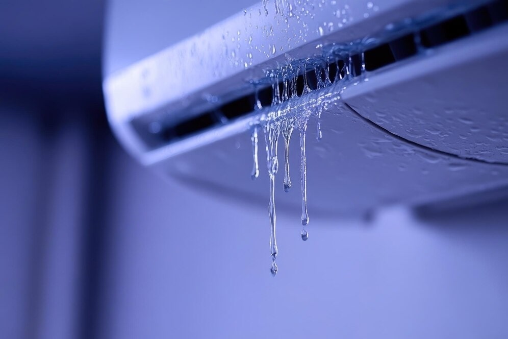 Leaking air conditioner with water on the floor